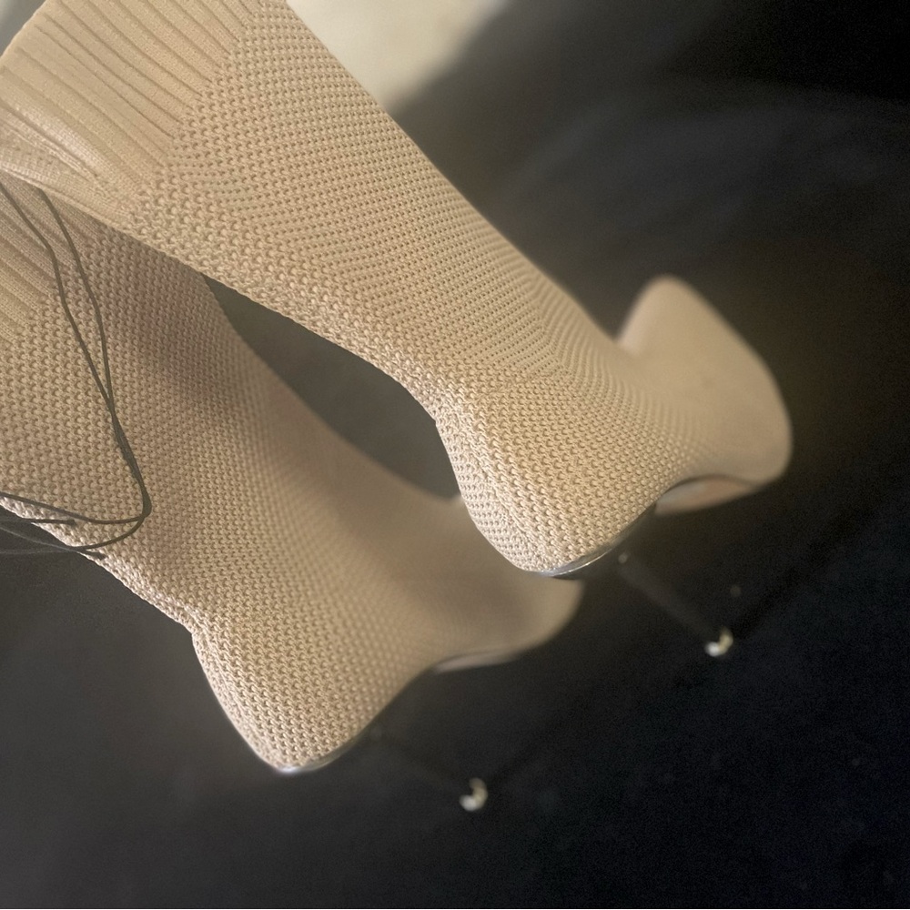 Solid Tan Color Fabric Ankle Sock Boot - Picture 2 of 6